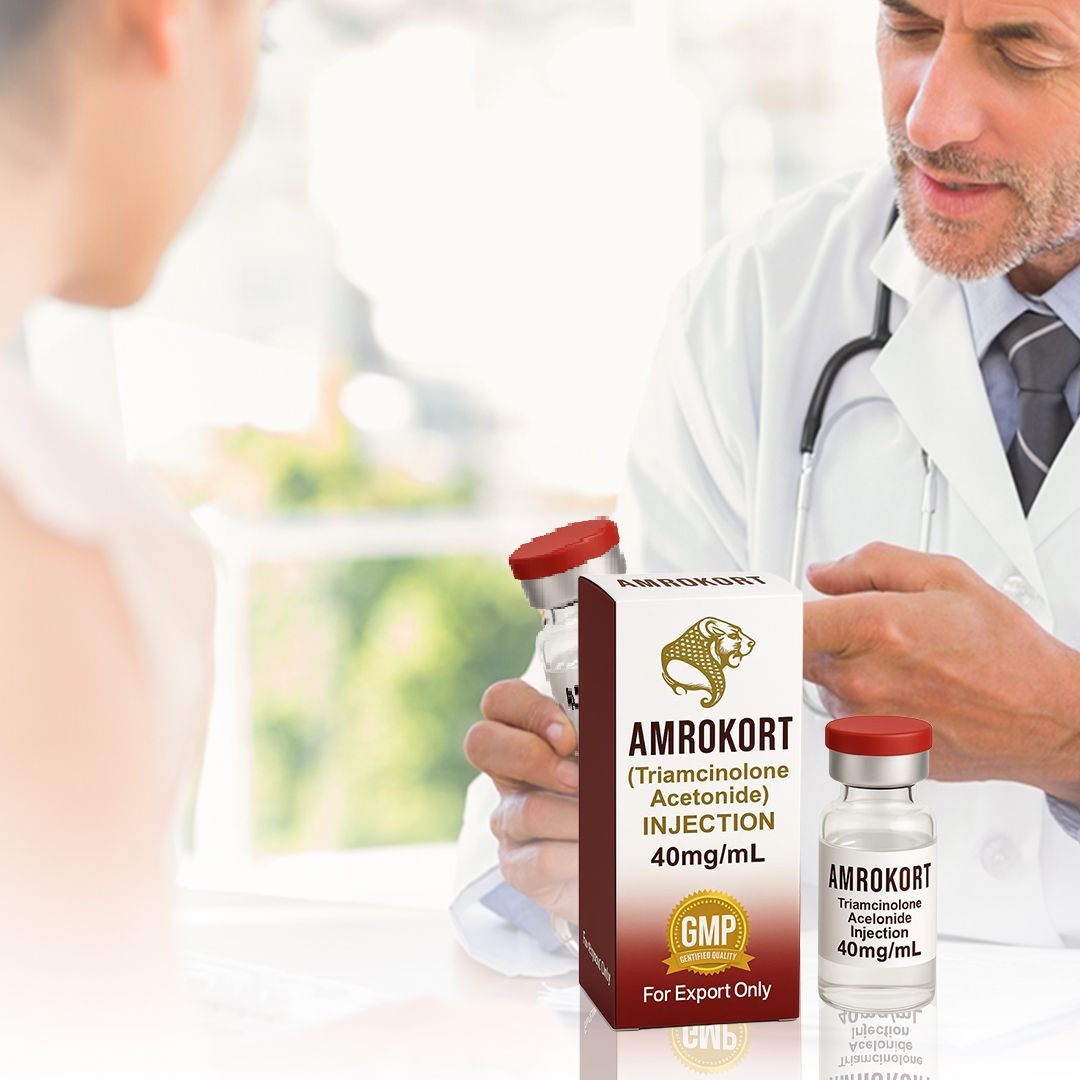 A doctor holding a vial of Amrokort injection.