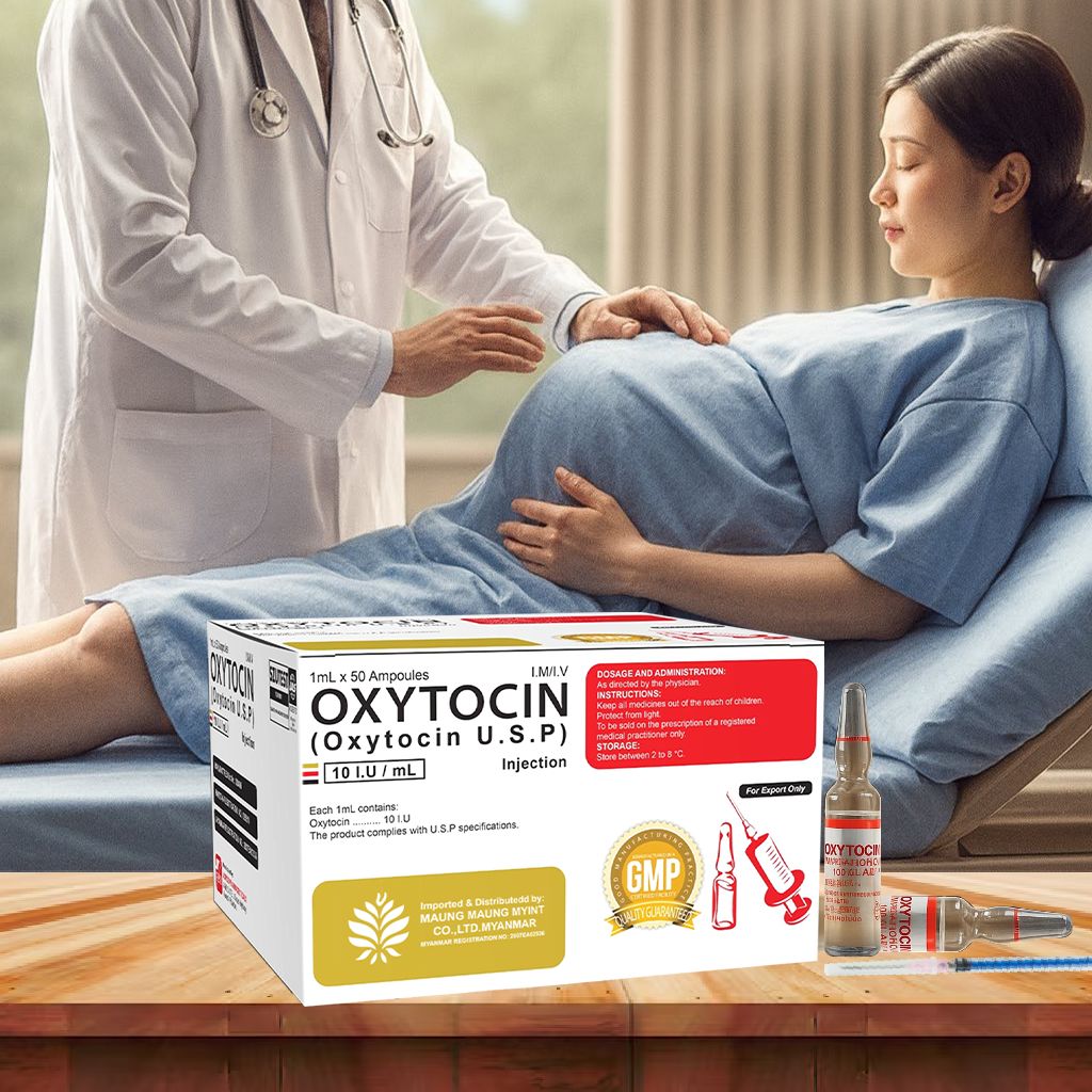 A doctor holding a vial of oxytocin injection.